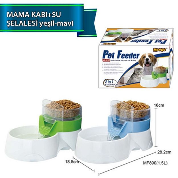 Dophin İkili Şelale Su Kabı & Mama Kabı Yeşil veya Mavi 1,5 Lt resmi